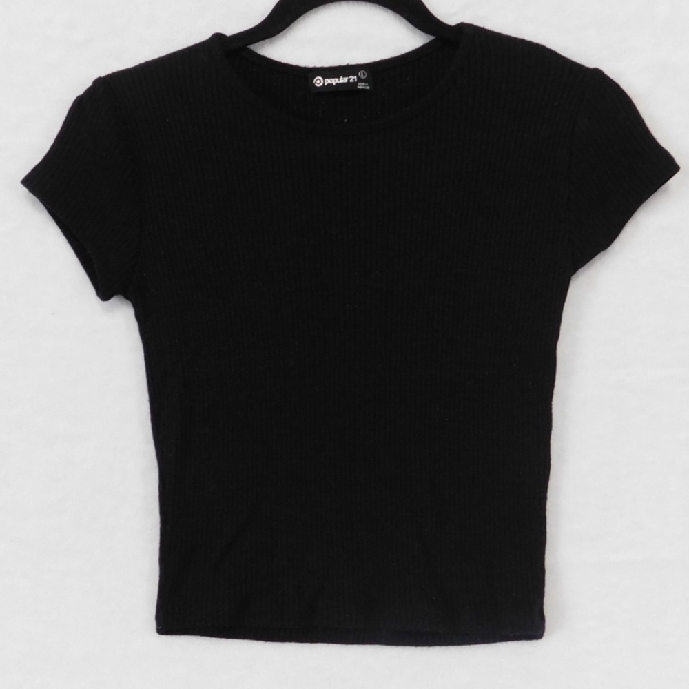 Popular 21 Ribbed Crop Top Basic Short Sleeve Tee‎ Black T-Shirt Size L